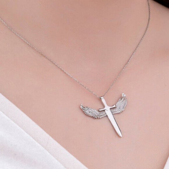 New 925 Sterling Silver Angel Wings Sword Necklace - Picture 2 of 3